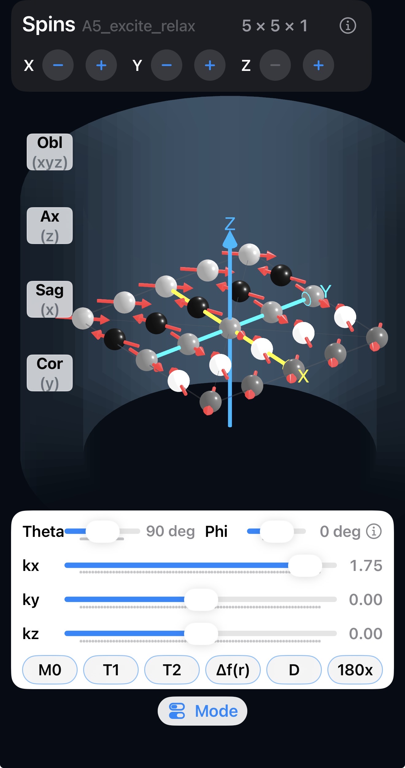 Direct control panel with theta, phi and kx, ky, kz sliders below a 5×5 spin array wound along x
